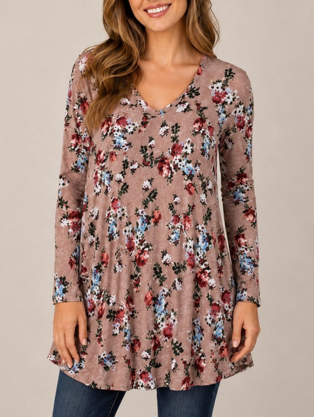 Tunic Dress Mauve Floral Long Sleeve V-Neck Boho Flowy Womens Size M Cottagecore